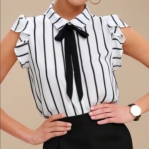 Black and White Striped Tie-Neck Top
